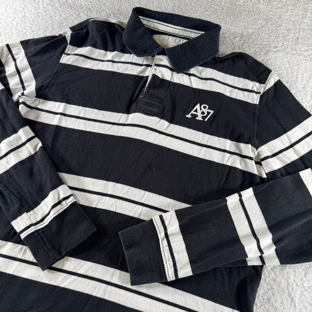 Y2K Aeropostale Long Sleeve Striped Collared Rugby Shirt Polo Black White Large